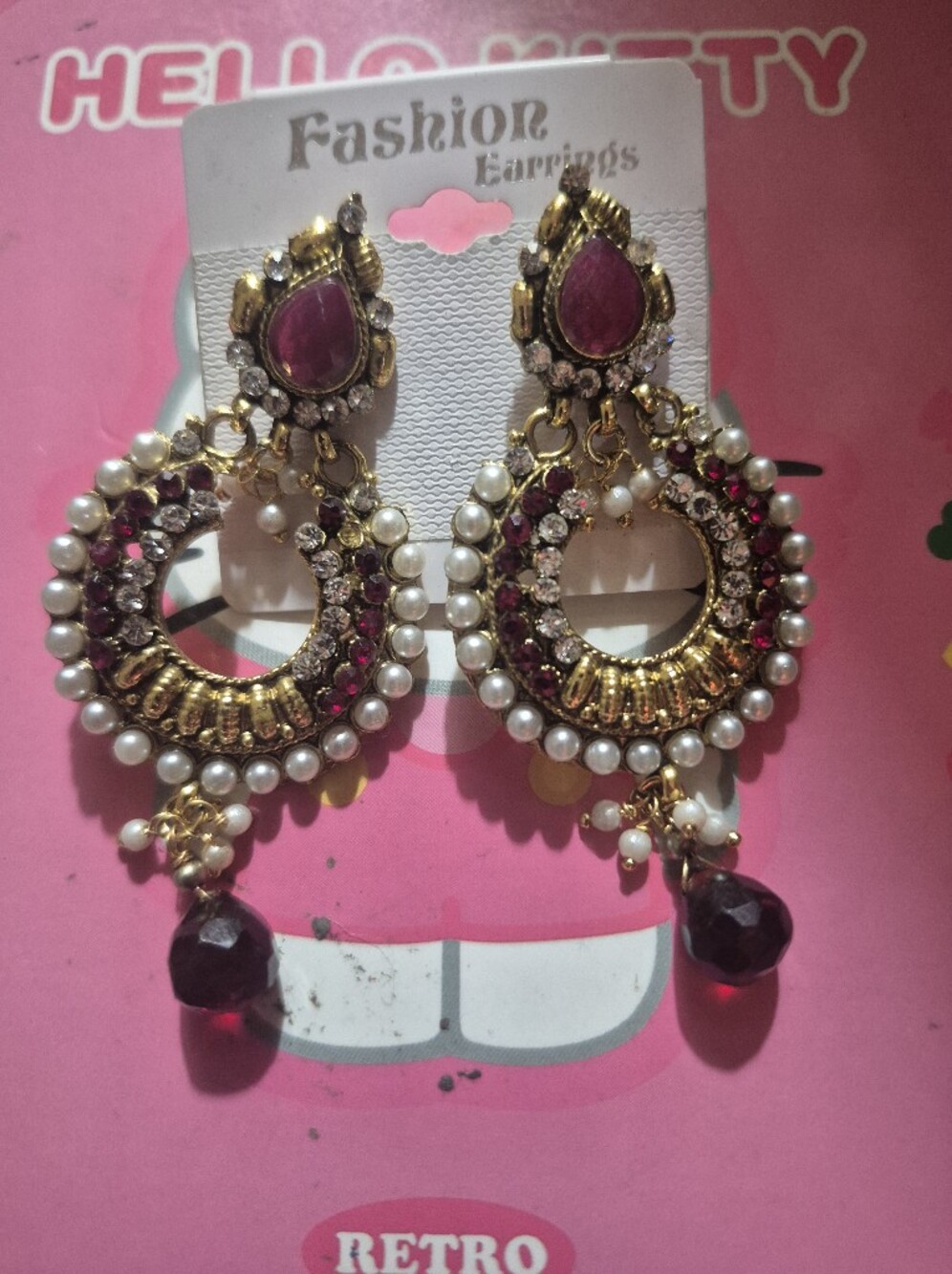 Gold and Maroon Pearl Drop Earrings by